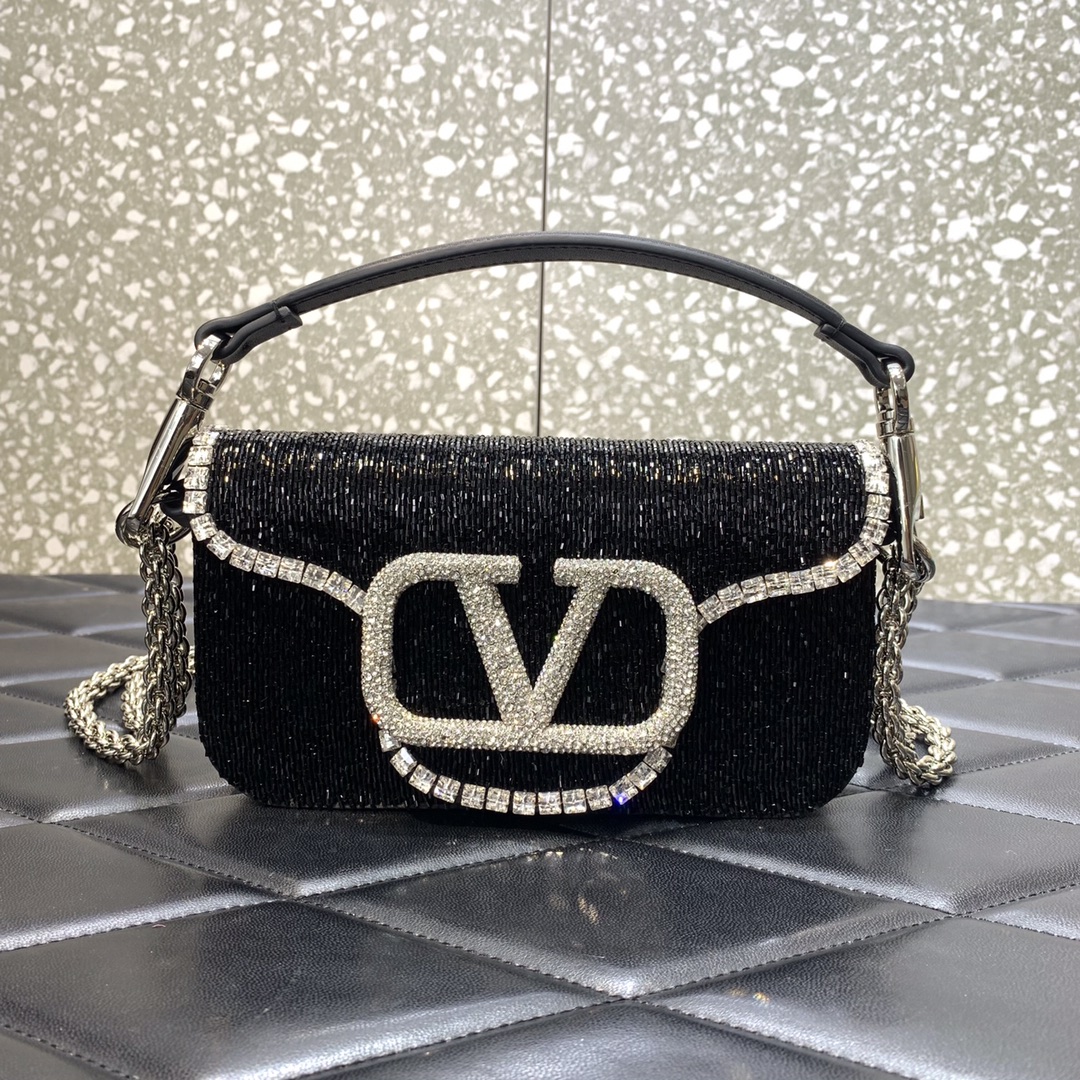 Valentino Garavani Loco Small Shoulder Bag in Black Embroidered With Leather